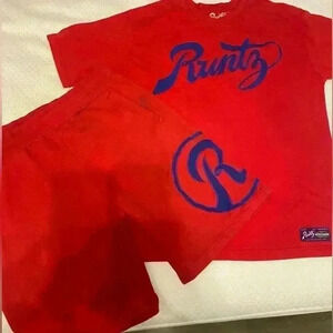 Mens Runtz Shirt/Short Set in Red with blue logo Both pieces are an XL